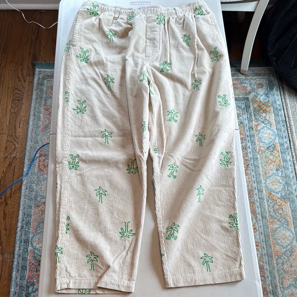 Urban Outfitters Cream Corduroy Pants with Green Palm Trees